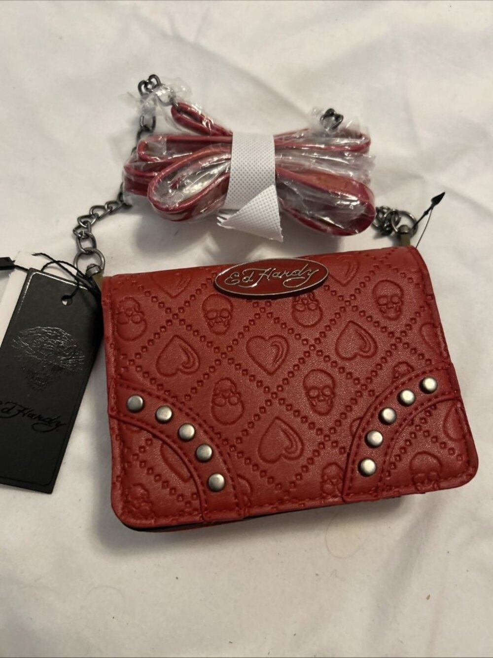Ed Hardy Red W/Skull Heart Crossover Small Purse Wallet Strap New